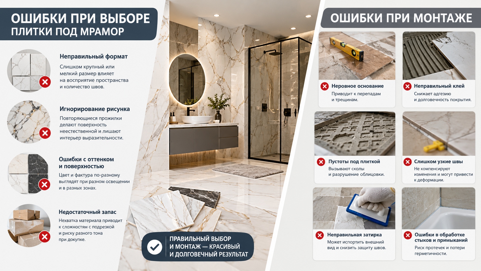 Ошибки при выборе и монтаже плитки под мрамор: как избежать проблем